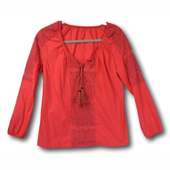 BOHO Red Embroiderd Tie Neck Blouse L - Picture 1 of 2